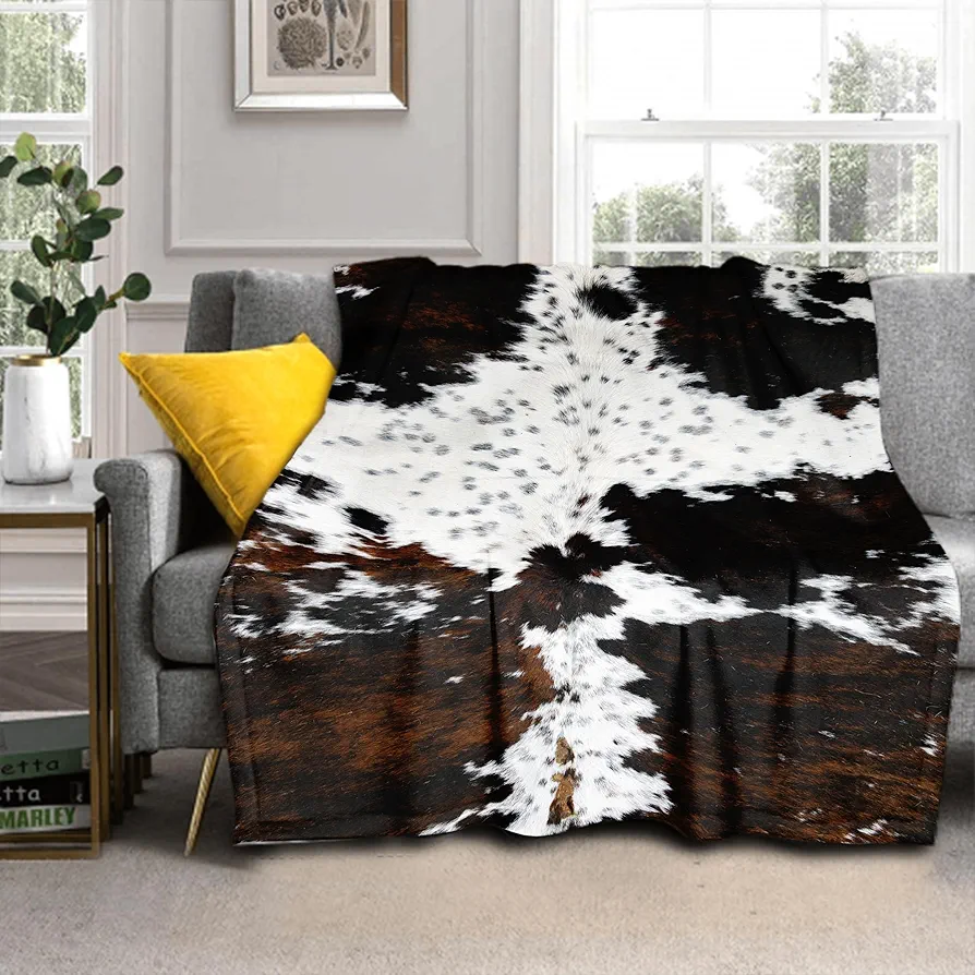 Cow Print Blanket Soft Flannel Lightweight Cowhide Western Throw Blanket Cozy Warm White Brown Cow Blankets All Seasons Living Room Decor for Couch Chair Bed Sofa Office 50x60 inch