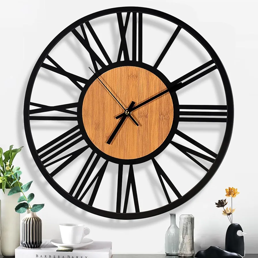 24In Large Modern Metal Wall Clocks, Round Silent Roman Numerals Big Clock, Small Tick Tock Pointer Outdoor Indoor Oversized Wall Clock for Kitchen, Living Room, Bedroom Wall - Wood Wall Clocks