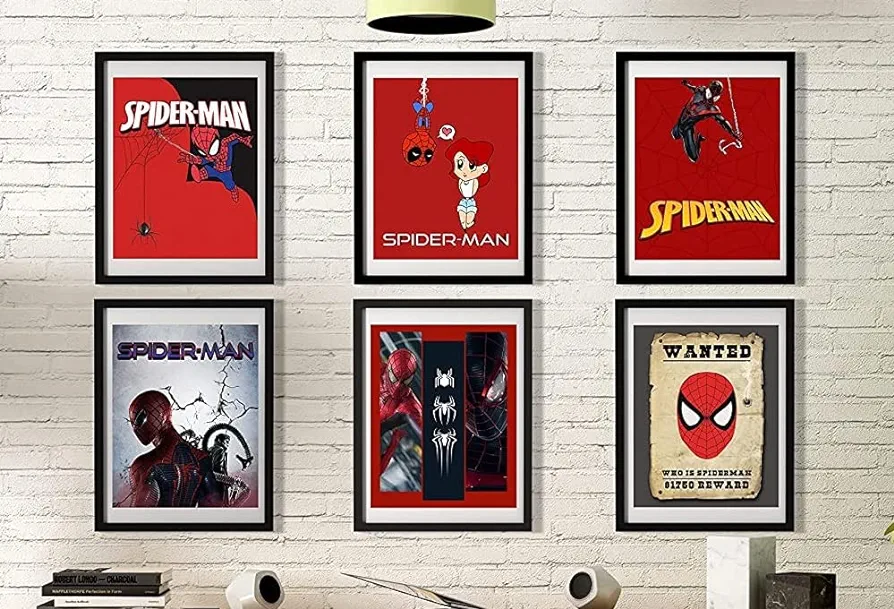 OzWood Crafts- Spider man Wall Decor Poster Prints, Set of 6 FRAMELESS (8''x10''), Spider Man room decor for boys, Spider Man Posters for Boys Room, Spider Man Wall Art,