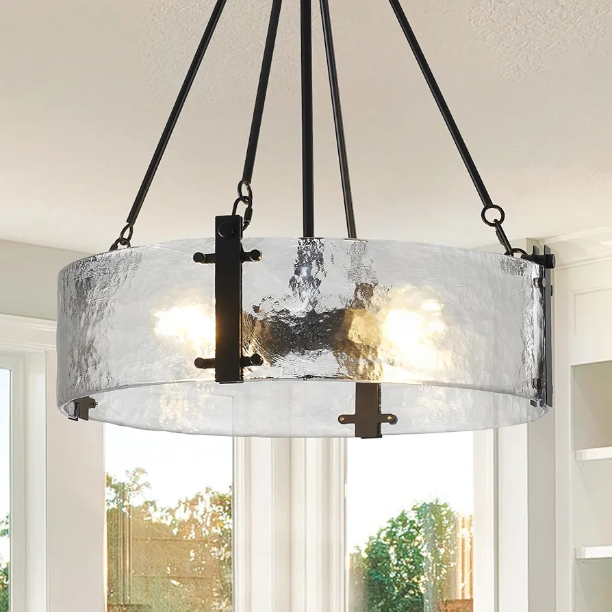 Black Dining Room Chandelier, 4-Light Modern Farmhouse Chandelier Glass Drum Round Chandelier for Living Room, Bedroom, Kitchen, Hallway (E26 Bulbs Not Included)