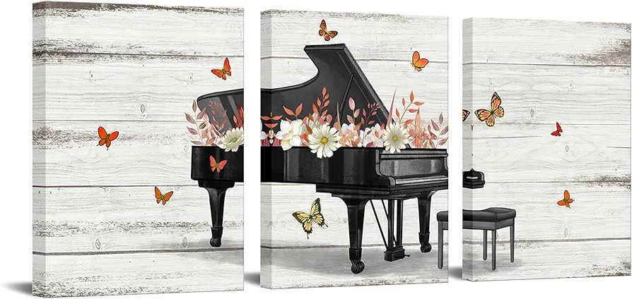 RyounoArt Mustic Canvas Wall Art Rustic Piano with Flower Butterfly Painting Pictures Prints for Living Room Musical Studio Decor