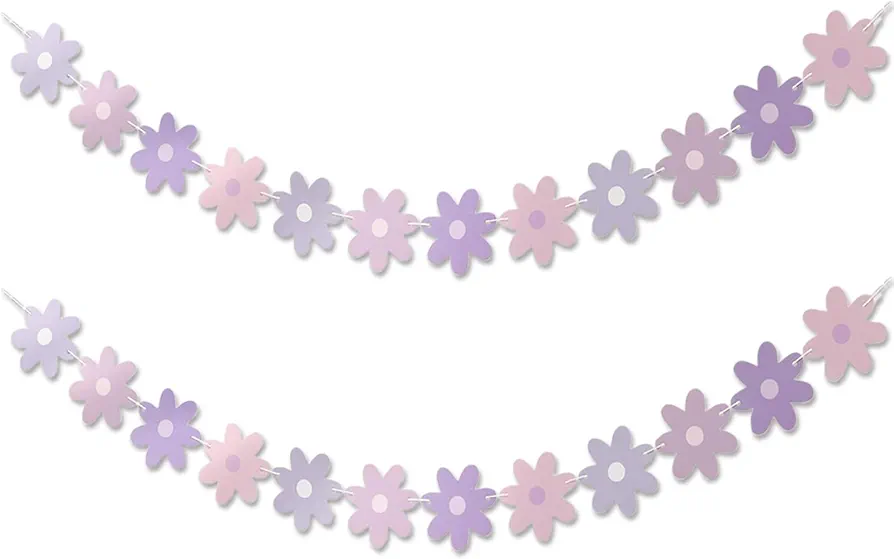 2PCS Purple Daisy Party Decorations Banner,Boho Daisy Decor Groovy Party Decorations Birthday Garland Banners Spring Daisy Flower Paper Cutouts Bunting Banner Flags for Party Supplies Home Room Decor