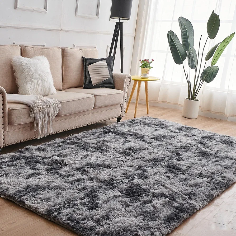 Floralux 5x7 Shag Area Rug, Tie-dyed Dark Gray Fluffy Rugs for Bedroom Living Room, Indoor Soft Fuzzy Plush Rugs