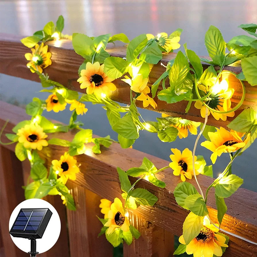 Solar Energy Sunflower Decor String Lights, Sunflower Garland with Lights(20LED), 2 Meters Sunflower Vines with Lights for Bedroom/Home/Room/Bathroom/Wedding/Party Decoration