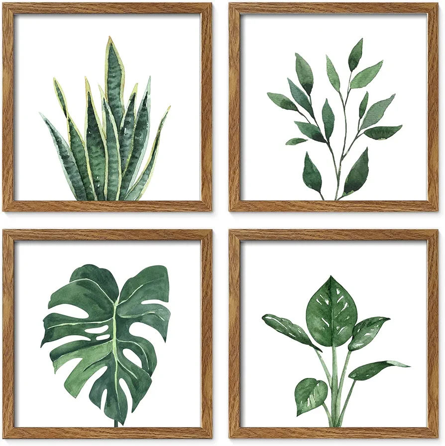 ArtbyHannah Framed Bathroom Wall Art Set of 4 for Botanical Wall Decor Green Plant Picture Frame Collage Set for Home Living Room Decoration (Walnut, 10x10)