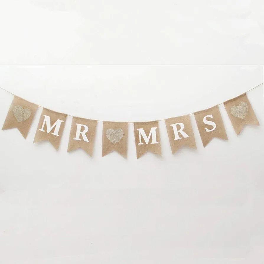 FQTANJU 8 Pcs/Set MR and MRS Burlap Banner, Wedding Hanging Banner for Wedding Photo Props, Table or Backdrop Decorations