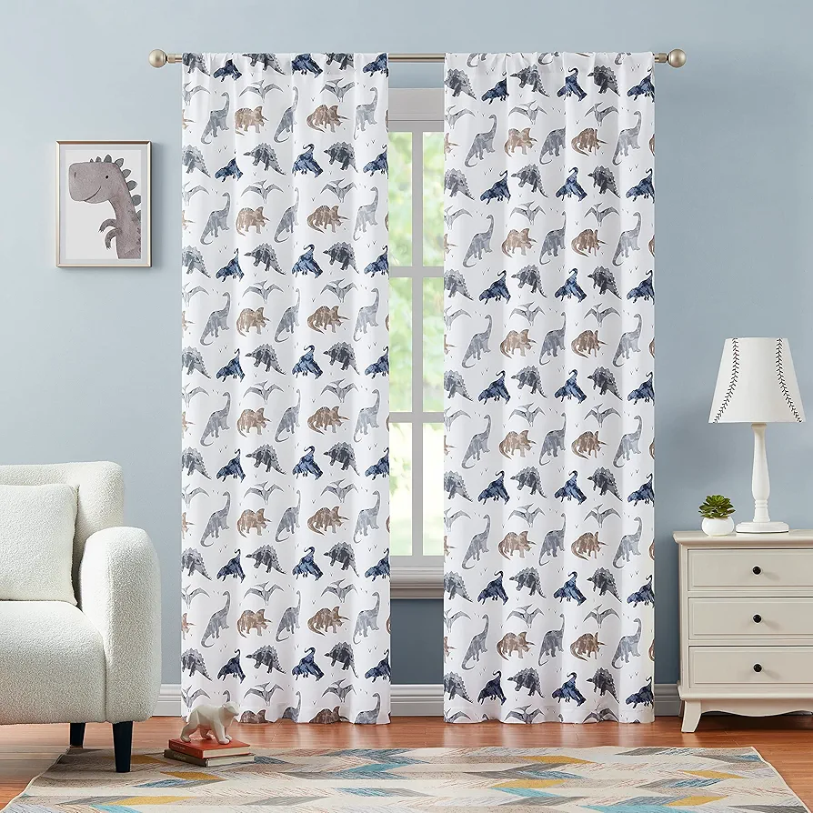 VCNY Home Hopscotch - Curtains, Window Treatments with Rod Pocket Top, Kids Room Decor (Dino Blue/Grey, 38" x 84")