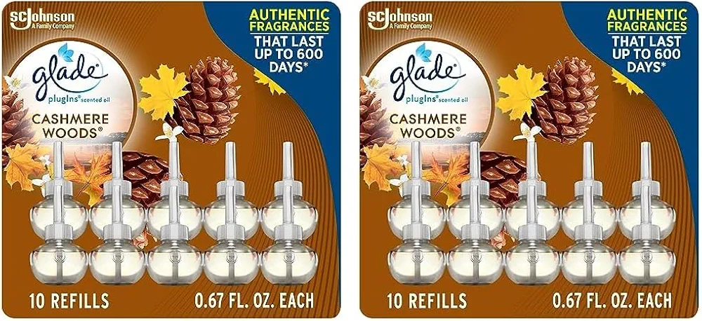 Glade PlugIns Refills Air Freshener, Scented and Essential Oils for Home and Bathroom, Cashmere Woods, 0.67 Fl Oz, 10 Count (Pack of 2)