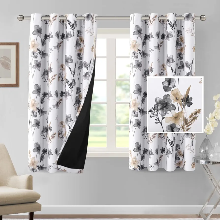 H.VERSAILTEX 100% Blackout Curtains 63 inch Length 2 Panels Set Cattleya Floral Printed Drapes Leah Floral Thermal Curtains for Bedroom with Black Liner Sound Proof Curtains, Grey and Taupe