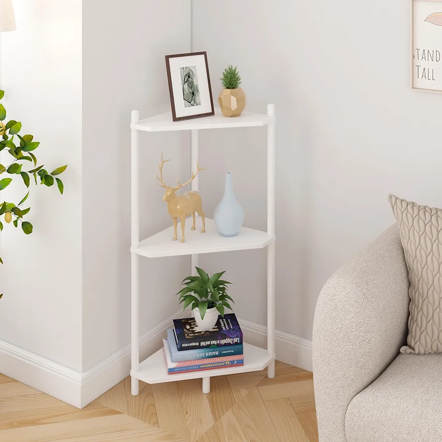 Corner Shelf - White Bamboo Bathroom Corner Shelves, 3 Tier Small Corner Stand Shelf Storage for Living Room Kitchen Bedroom Small Space