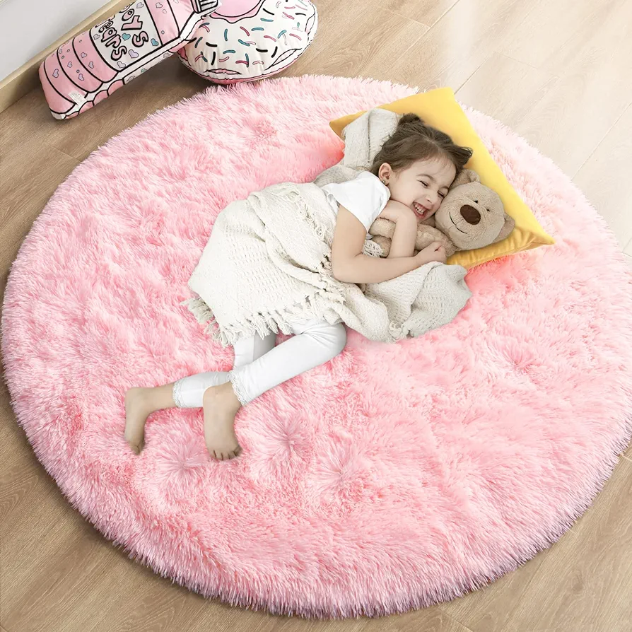 Pink Round Rug for Girls Bedroom, Fluffy Circle Rug 4'X4' for Kids Room Decor, Shaggy Circular Rug for Baby Nursery Dorm, Upgrade Fuzzy Plush Rug for Living room, Cute Room Decor for Teens Baby