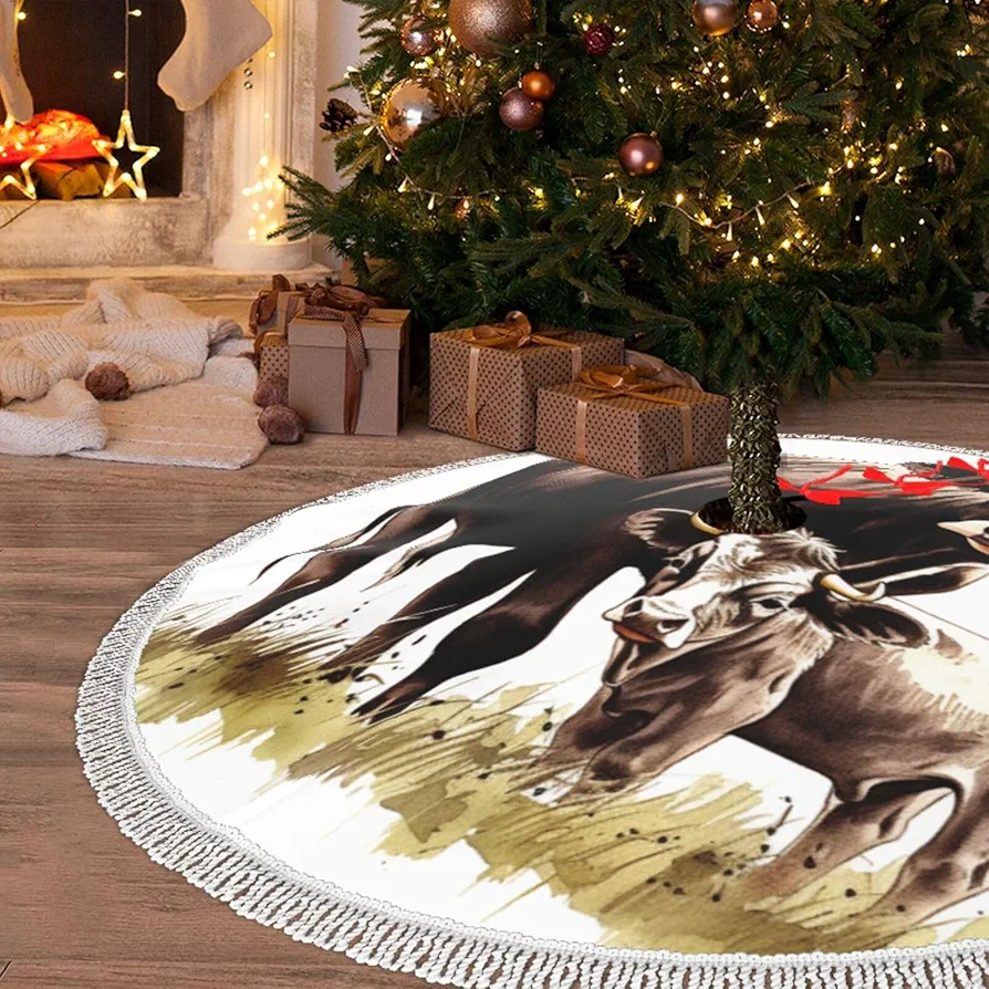 Christmas Tree Skirt with Tassel Cow Painting 36" Xmas Tree Skirts Tassel Tree Mat Ornament for Home Indoor Outdoor Room Holiday Decoration