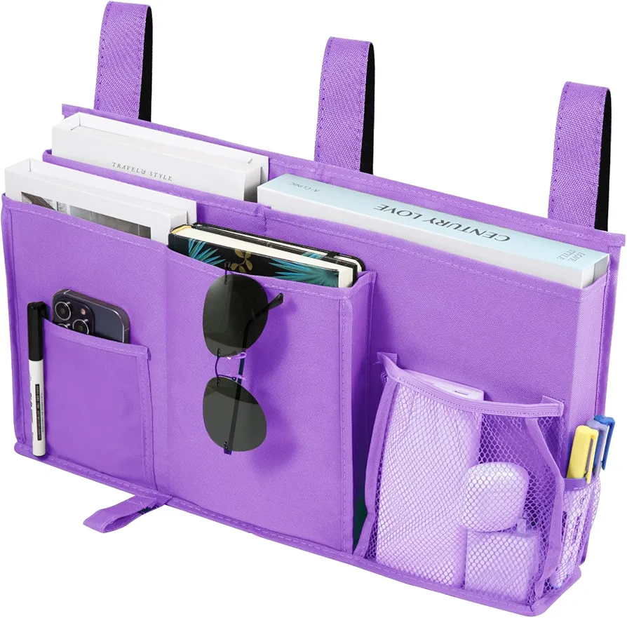 Bedside Caddy Bunk Bed Organizer Bedside Storage Organizer Hanging Bed Organizer Storage Bag Pocket for Bunk and Hospital Beds, College Dorm Rooms Baby Bed Rails Camp 8 Pockets (Purple)