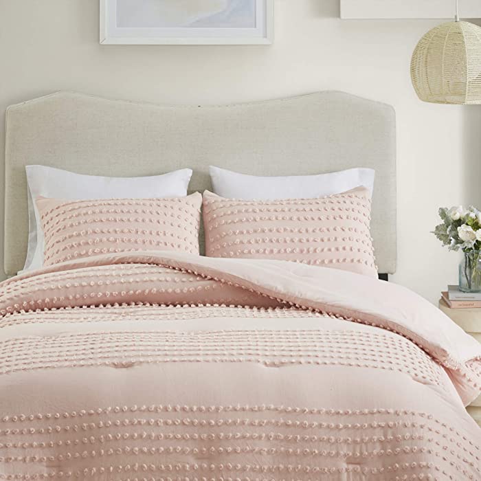 Comfort Spaces Phillips Cotton Comforter Set Cotton Jacquard Pom-Pom Tufts Design, Hypoallergenic Down Alternative, All Season Modern Bedding, Matching Shams, Twin/Twin XL, Blush 3 Piece