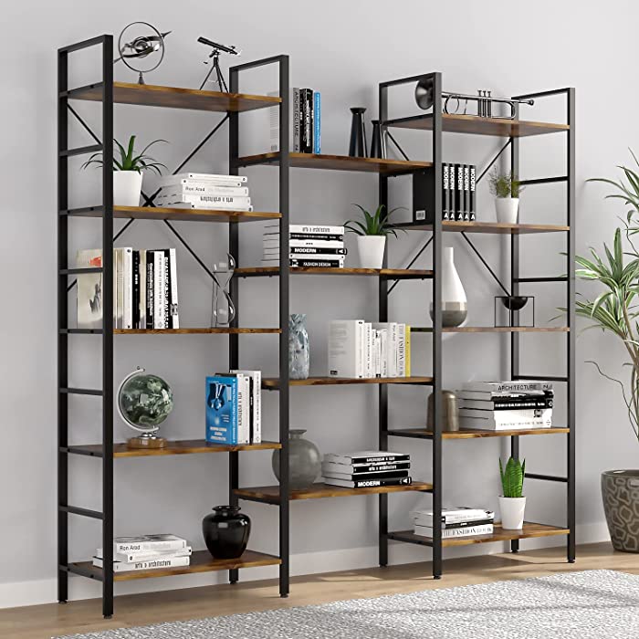 oneinmil Triple Wide 5-Shelf Bookcase Industrial Vintage Wood Style Large Open Bookshelves for Home&Office, Rustic Brown