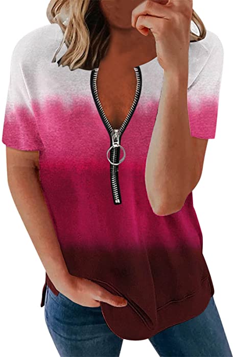 Women's Short Sleeve Zipper Tops and Blouses Casual Loose Fit V Neck Tunic Trendy Color Block Tees Summer T Shirts