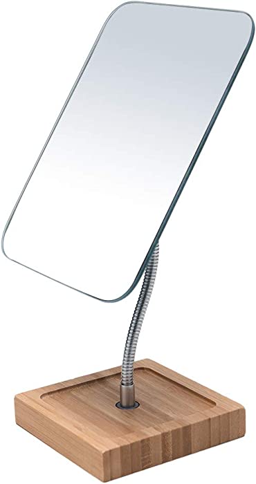 YEAKE Flexible Gooseneck Bamboo Vanity Makeup Mirror,360°Rotation 8" Large Frameless Vanity Mirror Folding Portable Table Desk Mirror with Stand Bathroom Shaving Make Up Mirrors Rectangle