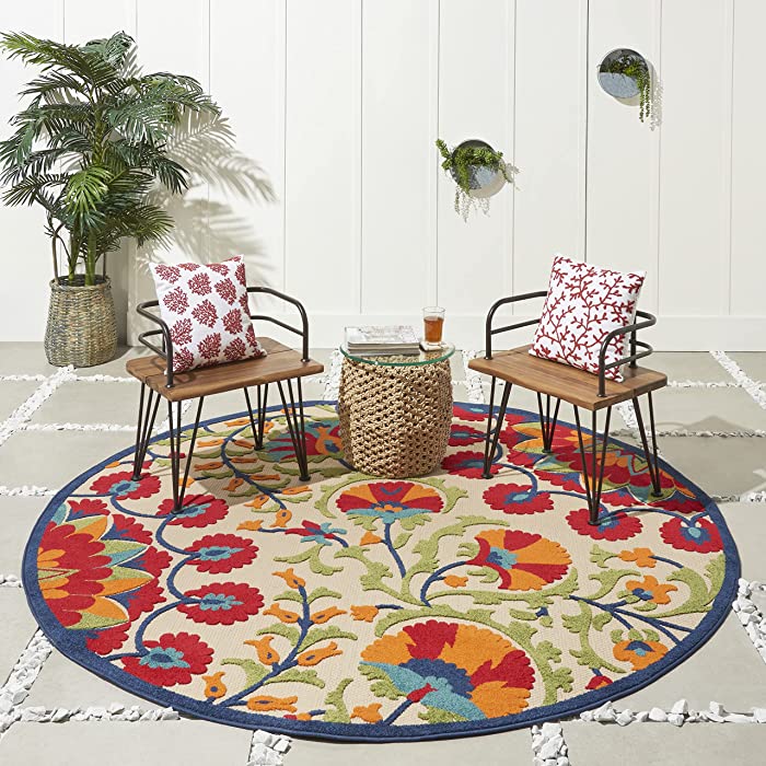 Nourison Aloha Red/Multicolor Easy-Care Indoor/Outdoor Area Rug 7'10" Round, XROUND, Multi