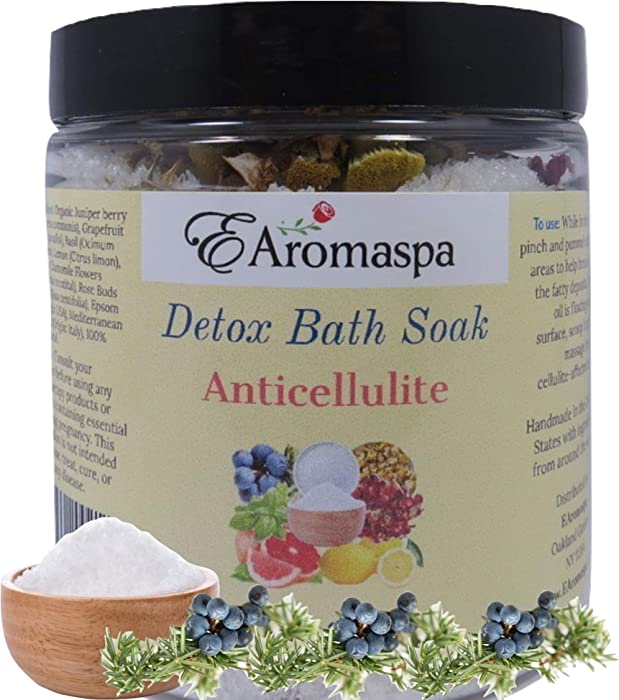 EAromaspa Anti Cellulite, Detox Bath Soak for Body Cleanse, Toxin, Slim Down, Cellulite Detox Bath Salts with Organic Juniper Berry Essential Oils & Epsom Salt, 100% Natural Celulitis Treatment 8 oz