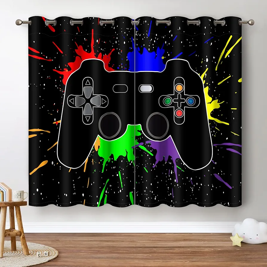 Jekeno Game Controller Blackout Curtains for Kids Boys Teens Bedroom Colorful Video Game Gamer Gaming Gamepad Decor for Home Living Room Grommet Window Drapes 2 Panel Set, 52"x63"