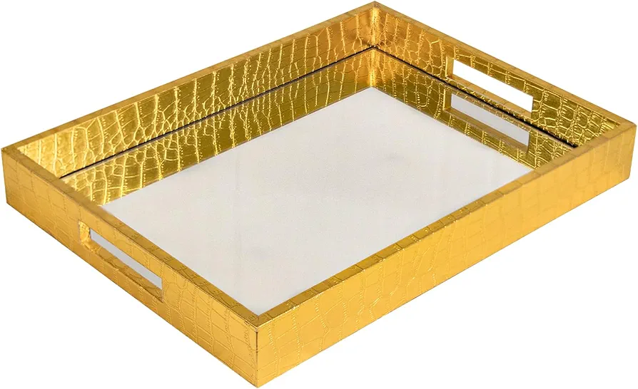 MAONAME Gold Decorative Tray, Leather Serving Tray with Handles, Mirror Tray for Ottoman, Rectangular Tray for Living Room, Bathroom, 15.7" X 11.8" X 2"