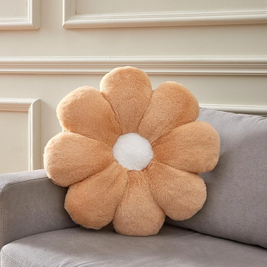 17.7In Small Cute Light Brown Daisy Flower Shaped throw Pillow Floor Pillow Cushion for Kids Girls Teens Fun Accent Sunflower Decorative Throw Pillow for bed couch sofa chair