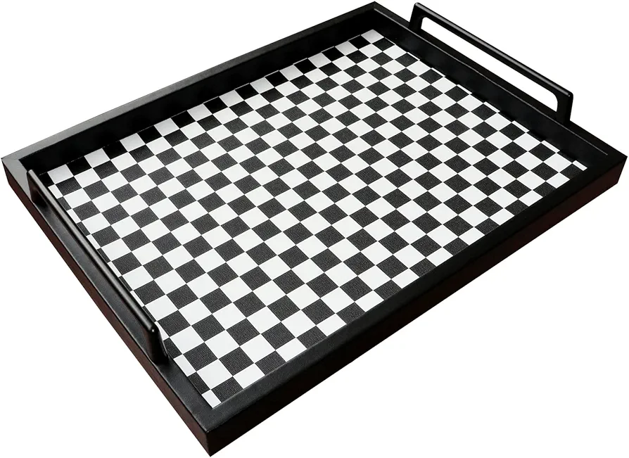 Living Room Coffee Table Decorative Tray, Food Service Tray, Leather Ottoman Tray,with Metal Handles 16.5 x 12.6 in (Black and White Grid)