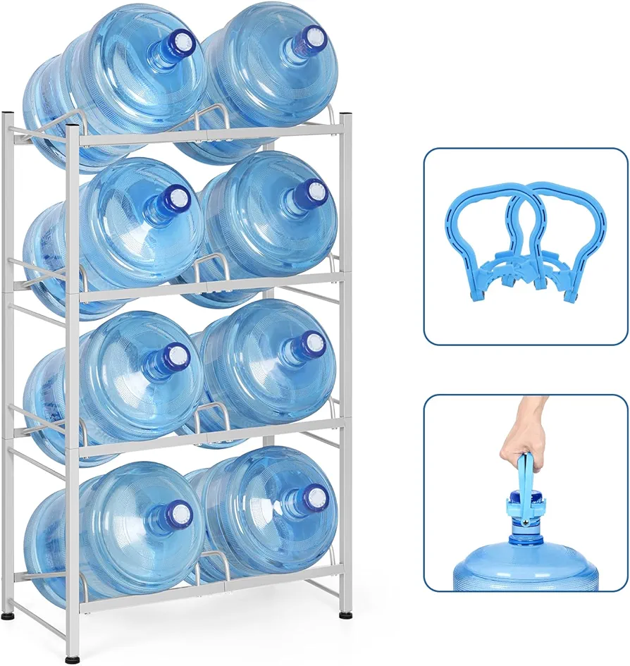 5 Gallon Water Jug Holder of 4 Tiers Water Bottle Storage Rack Stand with Large Capacity for 8 Bottles Heavy Duty Water Bottle Organizer Save Space for Kitchen, Dining Room, Garage (Silver)