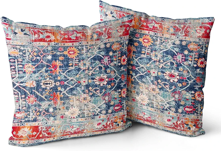 Boho Pillow Covers 18x18 inch Set of 2 Bohemian Carpet Throw Pillows For Couch Navy Blue Red Geometric Floral Decorative Pillow Cases Farmhouse Home Decor For Sofa Porch Patio Bed Room Outdoor