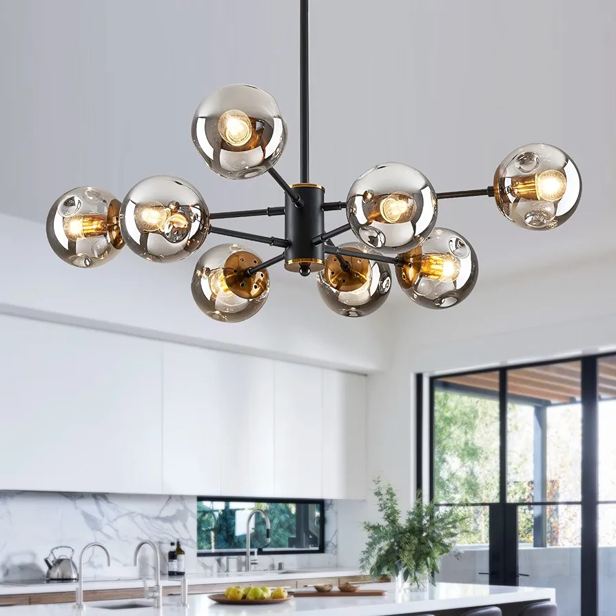 8-Light Sputnik Black Chandelier with Globe Glass Black and Gold Pendant Lights Bubble Light Chandeliers for Dining Room Farmhouse Kitchen Living Room Bedroom Office