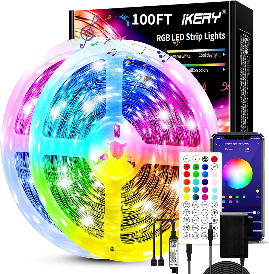 IKERY LED lights for bedroom 100ft,Music Sync Color Changing Led Strip Lights,Smart App + Remote Control,Ultra-Long 5050 RGB lights for Room Home Decor, Party Decoration (2 Rolls of 50ft)