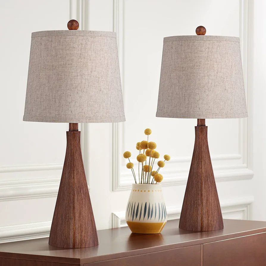 360 Lighting Fraiser 23 1/2" High Cone Small Mid Century Modern Accent Table Lamps Set of 2 Brown Wood Finish Living Room Bedroom Bedside Nightstand House Office Home Reading Oatmeal Shade