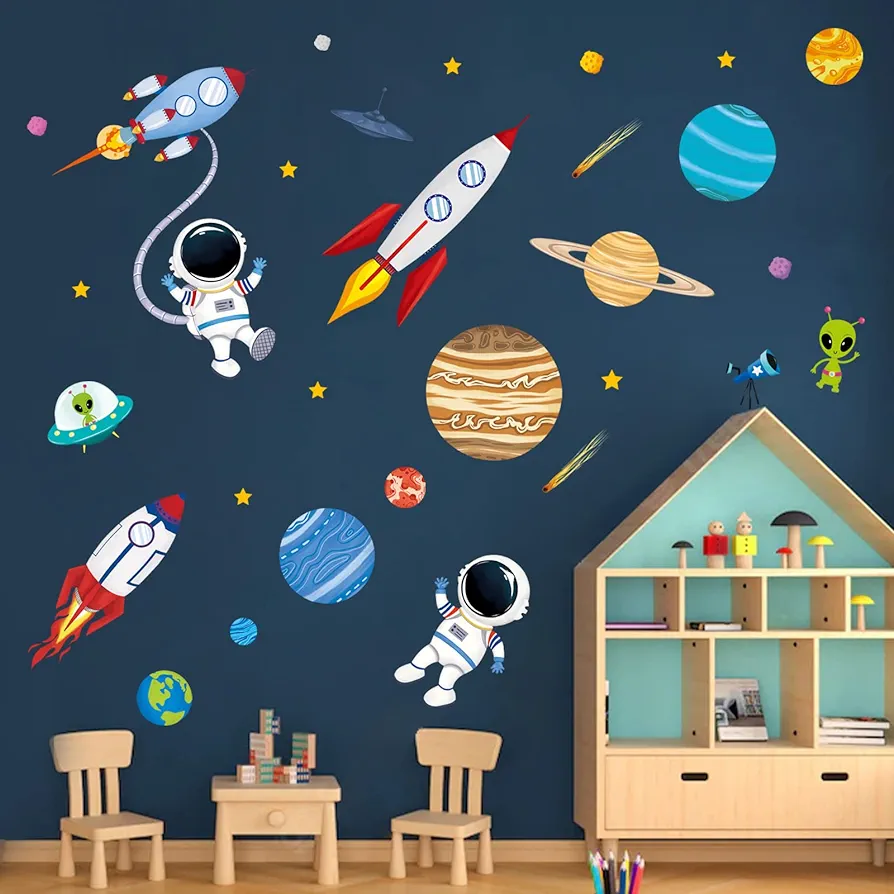 decalmile Outer Space Wall Decals Rocket Planets Astronaut Wall Stickers Baby Nursery Boys Bedroom Playroom Wall Decor