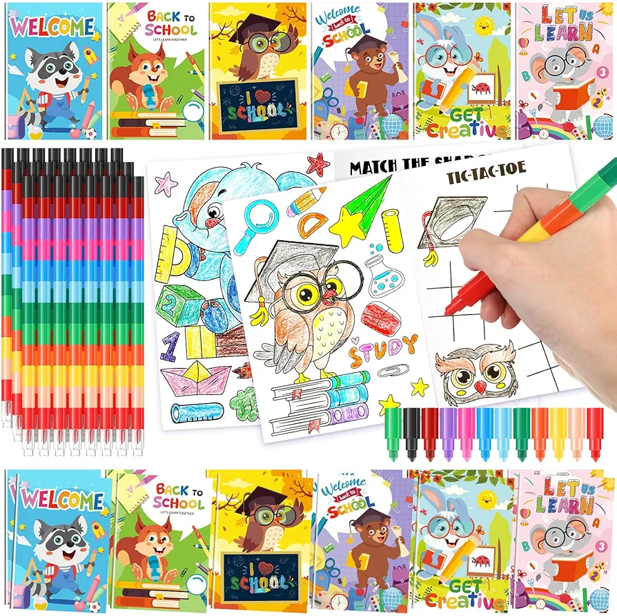 24 Pcs Back to School Coloring Book with 24 Stacking Crayons for Kid Mini Activity Book Bulk First Day of School Theme Party Favor for Students Goodie Bag Stuffer Classroom Prize Gift