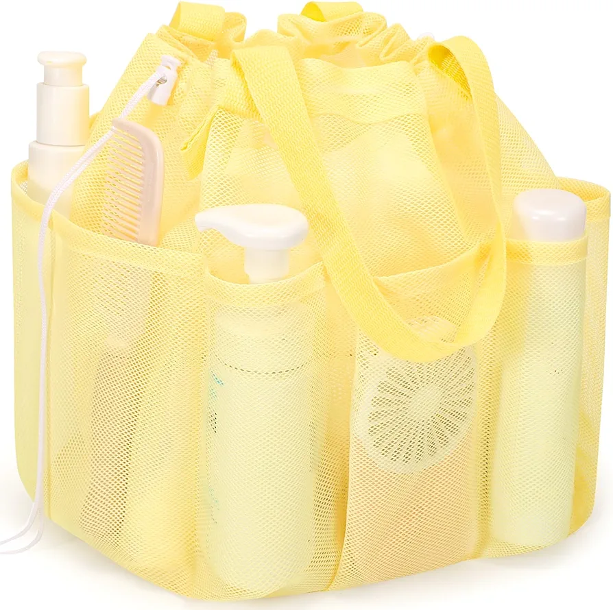 Mesh Shower Caddy Portable with Drawstring, Dorm Room Essentials for College Students Girls & Boys, Large Shower Bag for Camping,Swimming,Gym,Travel,Bathroom - Yellow