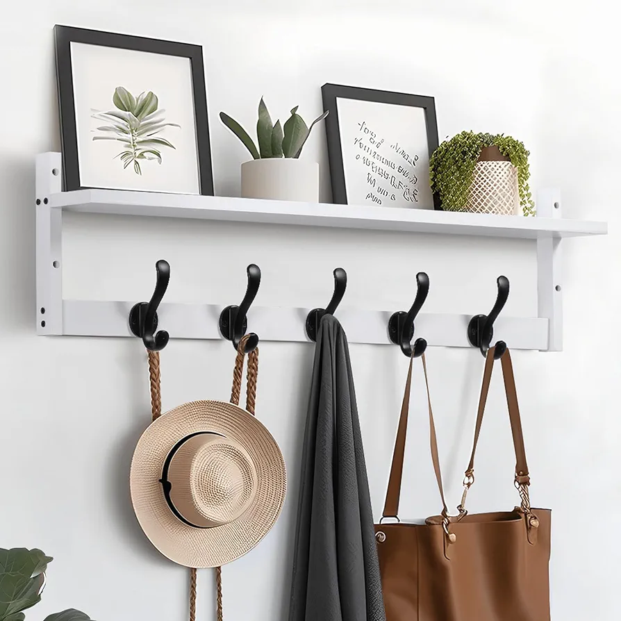 29'' Coat Rack Wall Mount with Shelf, Wood Wall Hooks with Storage, Entryway Shelf with 5 Coat Hangers for Bathroom, Living Room, Bedroom, White