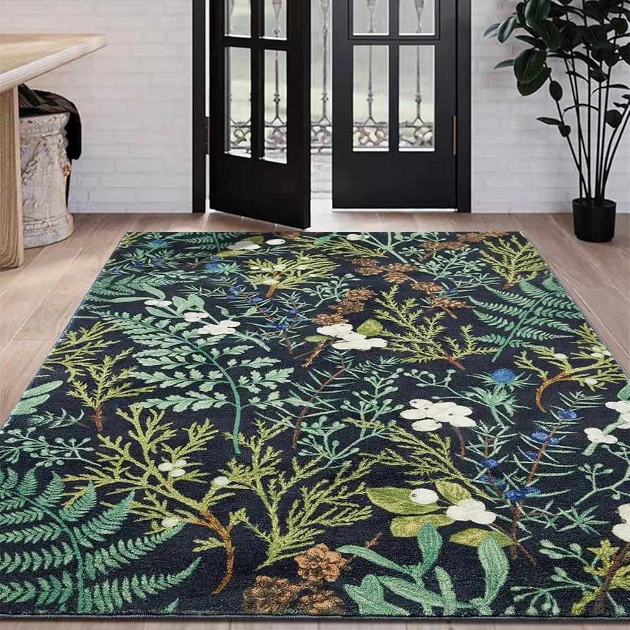 Vintage Botanical Floral Rug 4x6 Washable Non Slip, Cute Moody Black Aesthetic Bedroom Rugs, Thin Stain Resistant Dark Green Plants Area Rugs Indoor Carpet for Living Room Kitchen Entryway