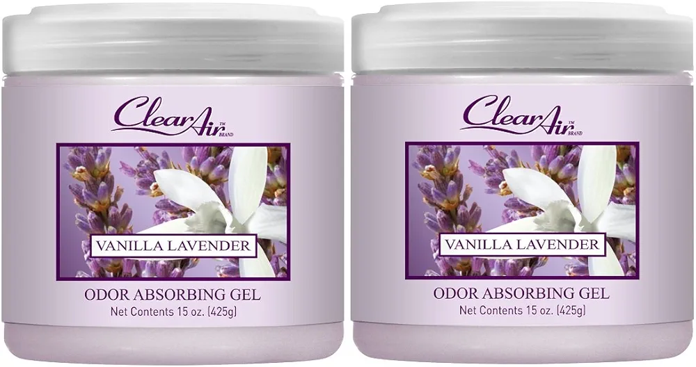 Clear Air Odor Absorber Gel - 15 oz, Pack of 2 - Air Freshener Absorbs and Eliminates Odors in Bathrooms, Cars, Boats, RVs and Pet Areas - Made with Essential Oils - Lavender Vanilla Scent