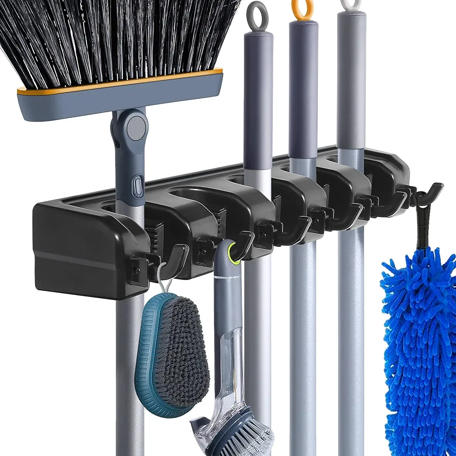 Wall Mount Broom Mop Holder Hanger Garden Tool Organizers Rack Garage Laundry Room Organizations and Storage with Hooks Heavy Duty