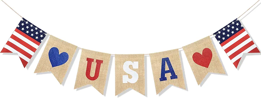 USA Banner Burlap Bunting 4th of July Decorations American Independence Day Celebration Red White and Blue Theme Party Supplies