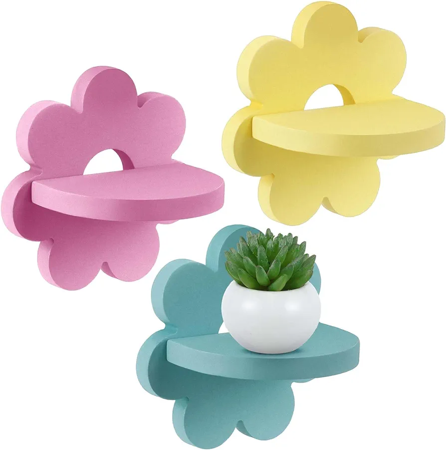 3 Pcs Daisy Flower Plant Wall Shelf Kawaii Small Floating Shelves Cute Shelf Decor Boho Hanging Shelf for Girls Bedroom Bathroom Living Room Nursery, Yellow Pink Green