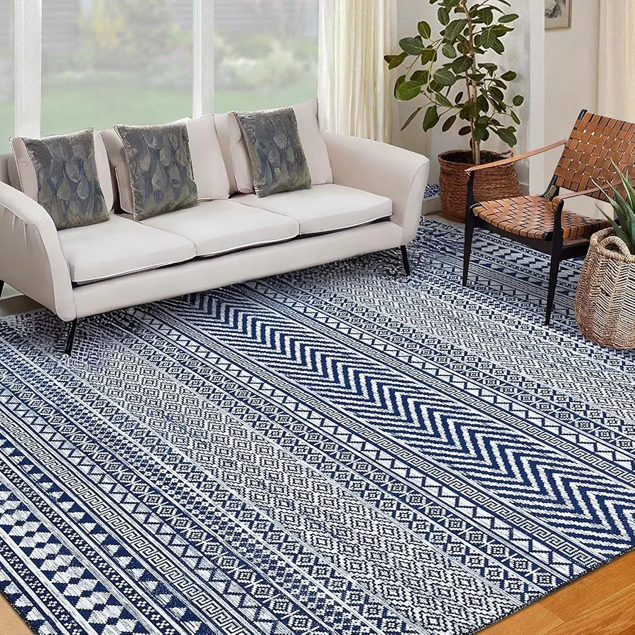 Area Rug 9 x 12 Boho Rug Machine Washable Geometric Rug Indoor Modern Moroccan Floor Carpet Extra Large Soft Non-Slip Farmhouse Floorcover Home Decor Rug for Kitchen Living Room Bedroom, Navy