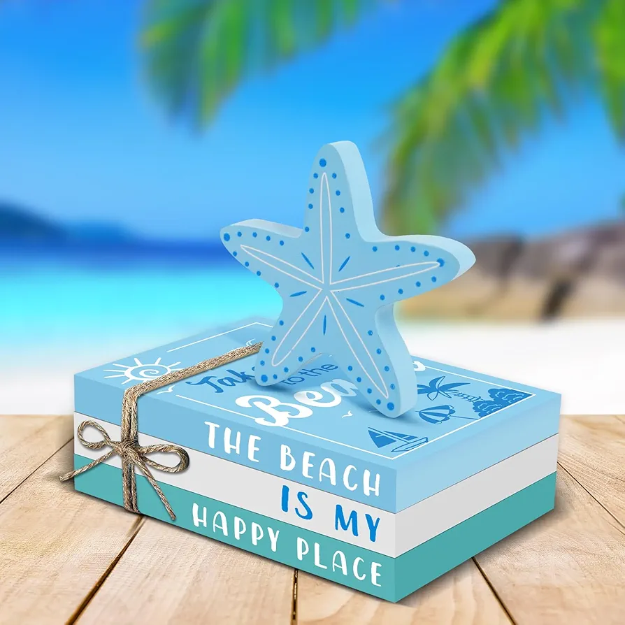 5 Pieces Beach Tiered Tray Decor Summer Wood Table Sign Rustic Book Stack with Starfish Sea Wood Bead Tassels Summer Wooden Tabletop Centerpiece Shelf Decoration for Farmhouse Decor