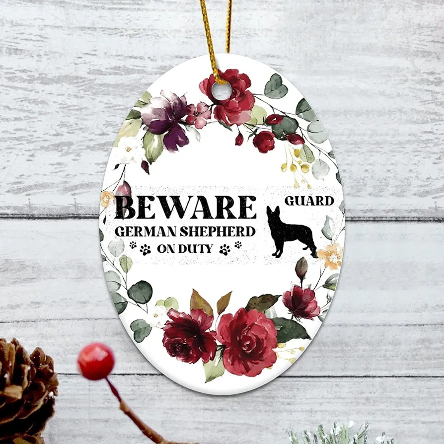 Ornaments for Christmas Beware Guard Dog on Duty German Shepherd Dog Breeds Dog Lovers Paw Prints Tree Hanging Accents New Home Ornament Ceramic Keepsake Funny Christmas Decor for Living Room.