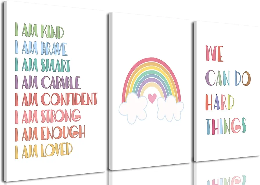 Hwetui I am Kind Brave Smart Affirmations Wall Art Colorful Rainbow Posters Canvas Prints Girls Kids Gifts Room Decor Painting Picture for Nursery Bedroom Bathroom Playroom 12"x16"Framed Set of 3