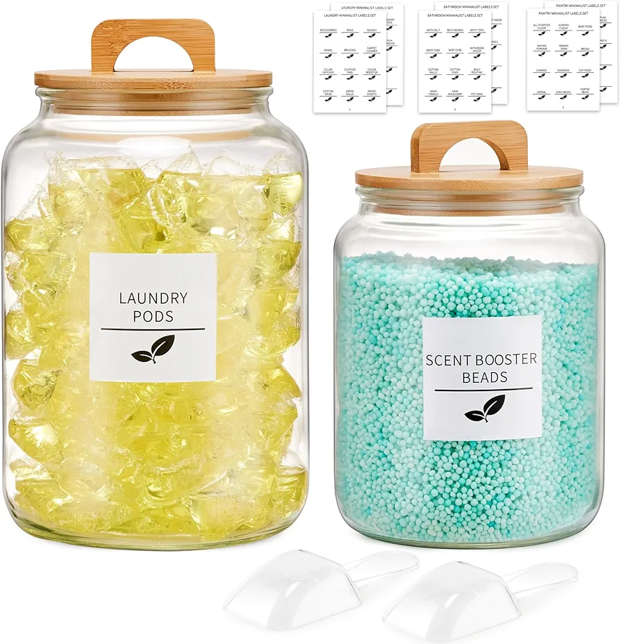 Jars for Laundry Room set of 2,HouseJoy 0.8Gallon+0.5Gallon Laundry Pods Container Large with Scoops&Lids for Powder, Laundry Beans, Drying Ball,Bath Ball 67 OZ+101 OZ