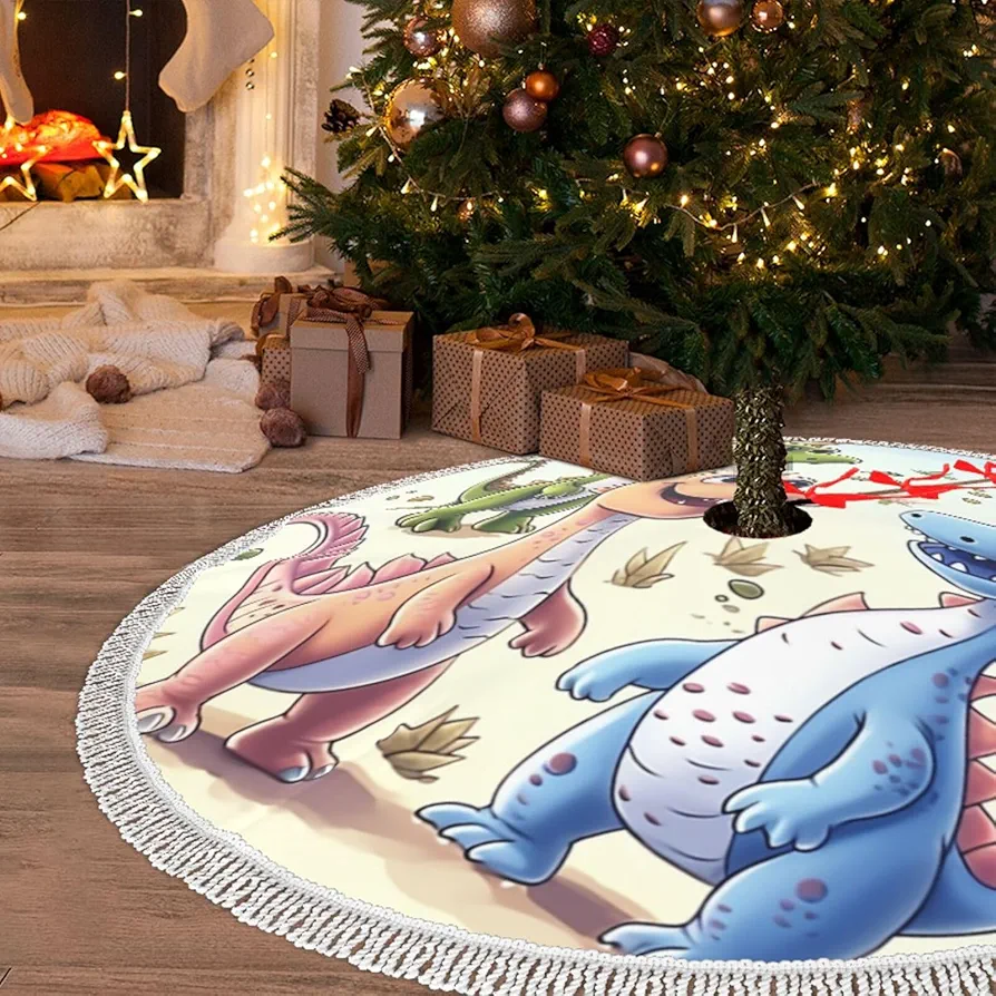 Christmas Tree Skirt with Tassel Cute Dinosaurs 30" Xmas Tree Skirts Tassel Tree Mat Ornament for Home Indoor Outdoor Room Holiday Decoration