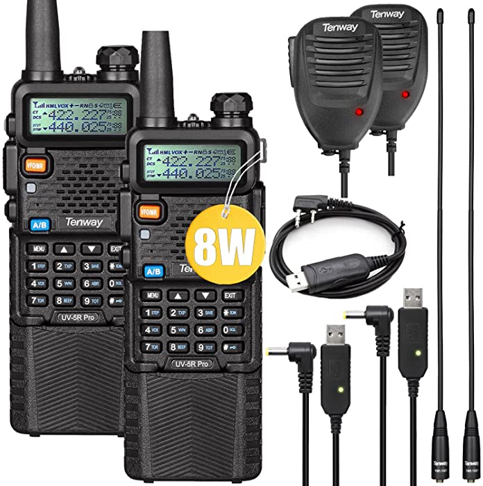 Ham Radio Walkie Talkie UV-5R Pro 8W Dual Band Two Way Radio with 3800mAh Battery and Handheld Speaker Mic and Antenna 2Pack and One USB Programming Cable