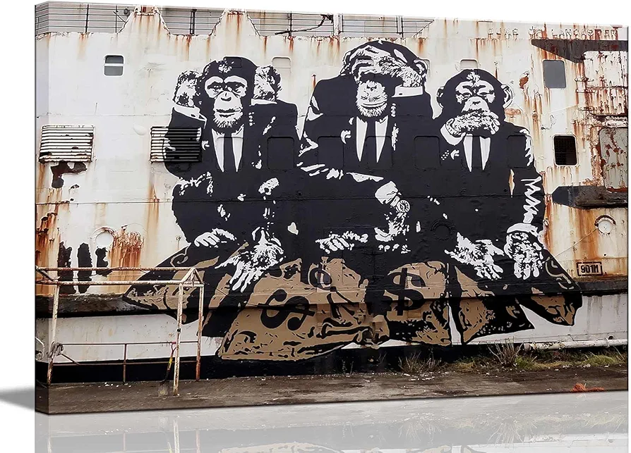 3 Wise Monkeys Graffiti Banksy Canvas Wall Art Don't Listen Don't Look Don't Talk Teen Boy Room Picture Wall Decor Man Cave Gorilla Print Poster Painting for Living Room Bedroom Home Decor. (24x36in)