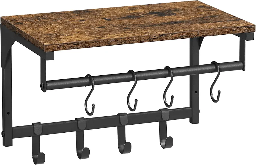 VASAGLE Laundry Room Shelf Wall Mounted, Coat Rack Shelf, with 8 Removable Hooks, for Entryway, Living Room, Kitchen, Bedroom, 15.7 x 9.4 x 9.4 Inches, Rustic Brown and Black ULCR103B01